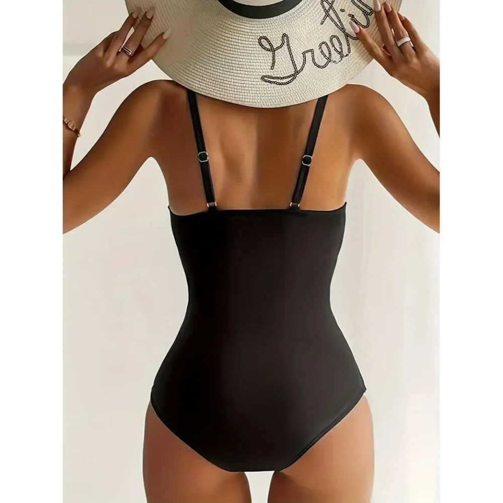 B2Prity Black White Polka Dot Wrap One-Piece Swimsuit Womens Size Large NEW